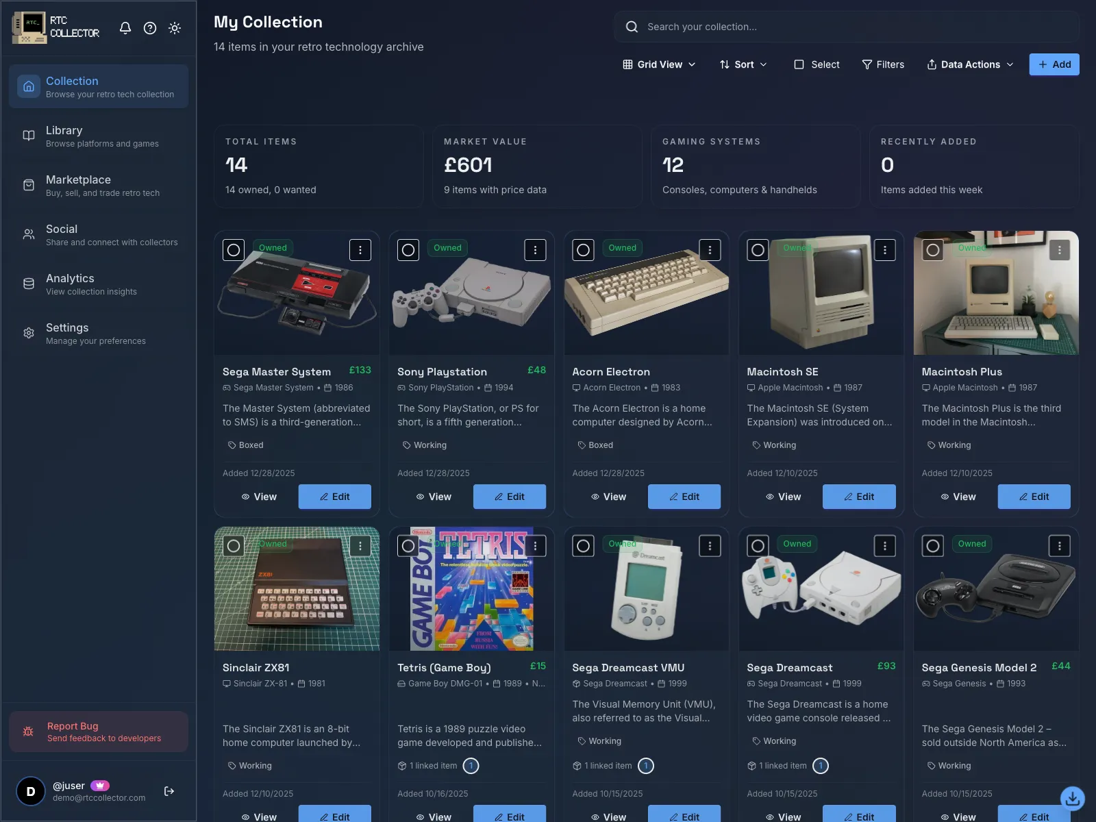 RTC Collector app — retro technology collection grid view