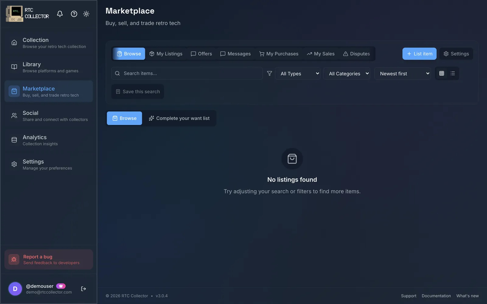 The marketplace browse view with listings for retro hardware and games